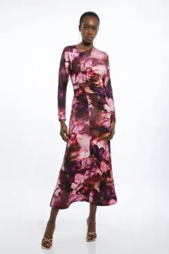 Photographic Floral Printed Asymmetric Jersey Crepe Maxi Dress