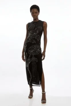 Placed Embellished Floral Mesh Jersey Midi Dress