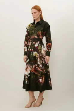 Placed Floral Cotton Sateen Shirt Dress