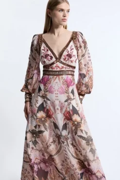 Placed Floral Embroidered And Beaded Woven Midi Dress