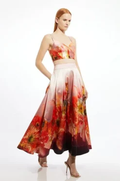 Placed Floral Print Woven Prom Midi Skirt