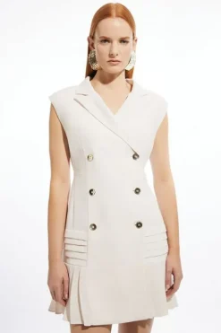 Pleated Button Detail Woven Sleeveless Mini Dress