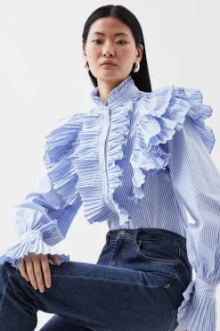 Pleated Striped Ruffle Woven Shirt