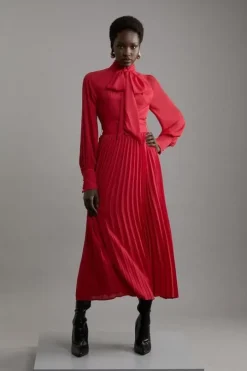 Pleated Tie Neck Woven Maxi Dress With Belt