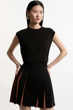 Pleated Wool Look Contrast Knit Mini Skirt