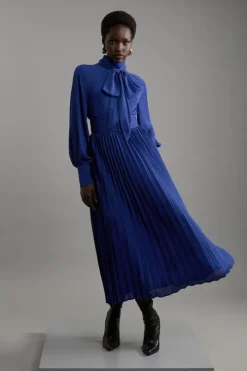 Pleated Woven Belted Tie Neck Midaxi Shirt Dress
