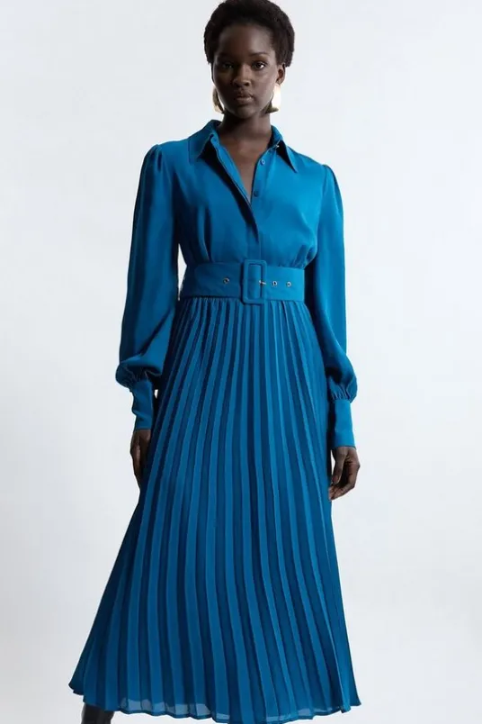 Pleated Woven Maxi Shirt Dress With Belt