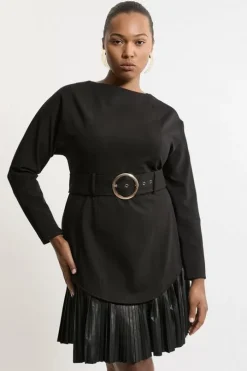 Plus Belted Pu And Ponte Jersey Frill Hem Mini Dress