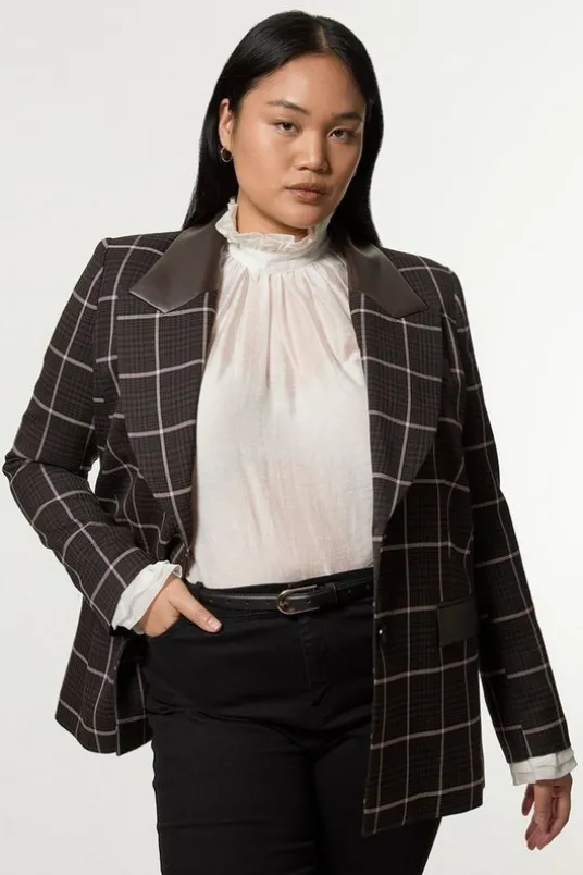 Plus Size Check Pu Mix Tailored Jacket