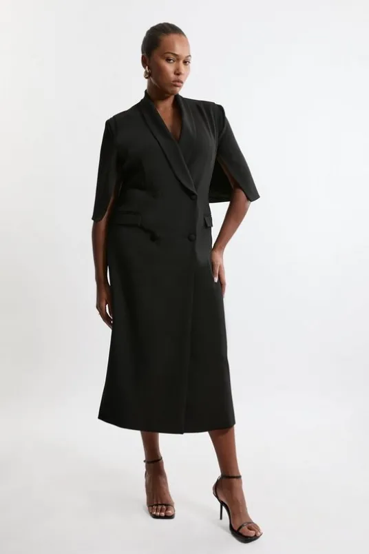 Plus Size Clean Tailored Tuxedo Cape Sleeve Midi Blazer Dress
