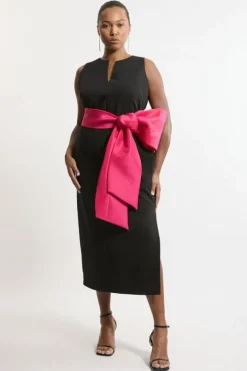 Plus Size Clean Tailored Taffeta Contrast Bow Tie Waist Midi Dress