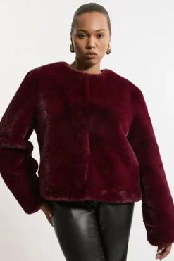 Plus Size Collarless Faux Fur Jacket