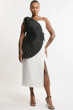 Plus Size Compact Stretch Taffeta Ruffle Detail Strappy Tailored Midi Dress