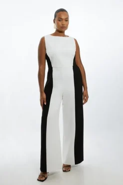 Plus Size Compact Stretch Color Block Panelled Tailored Wide Leg Jumpsuit