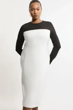 Plus Size Compact Stretch Sheer Insert Tailored Midi Dress