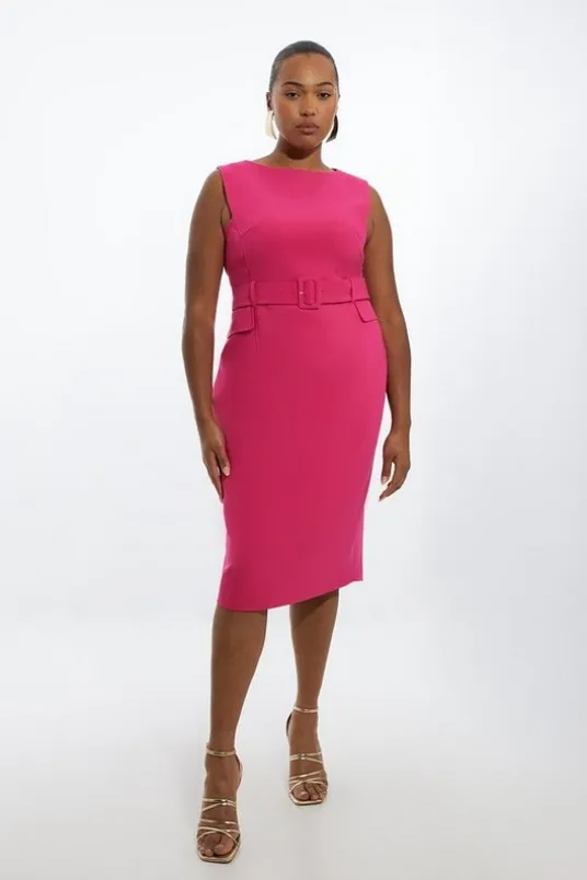 Plus Size Compact Stretch Belted Tailored Midi Pencil Dress