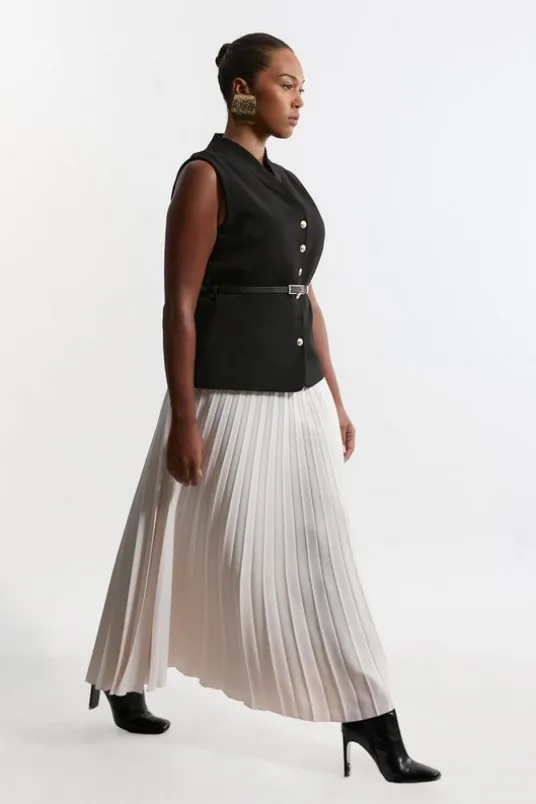 Plus Size Compact Stretch Fluid Tailored Belted Pleated Full Skirt Midaxi Dress