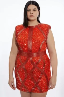 Plus Size Crystal Embellished Strong Shoulder Mini Dress