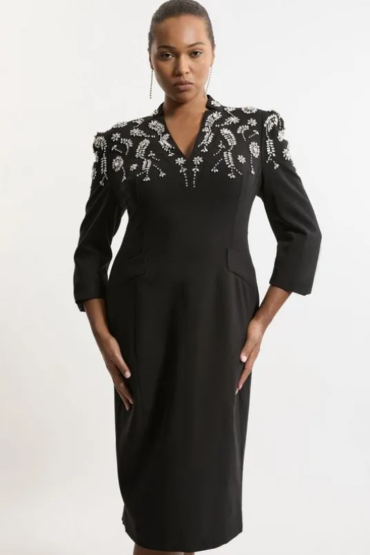 Plus Size Crystal Embellished Compact Stretch Belted Tailored Forever Dress
