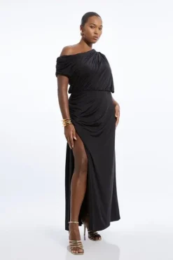 Plus Size Drapey Slinky Jersey One Shoulder Maxi Dress