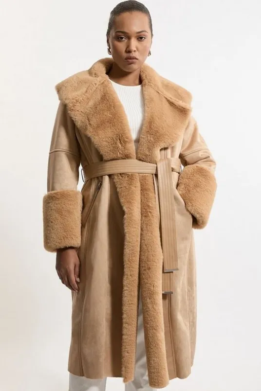 Plus Size Faux Shearling Collar & Cuff Belted Long Coat