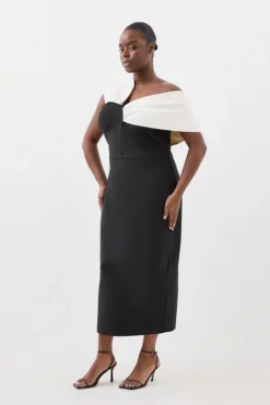 Plus Size Figure Form Bandage Knit Asymmetric Strap Midi Dress