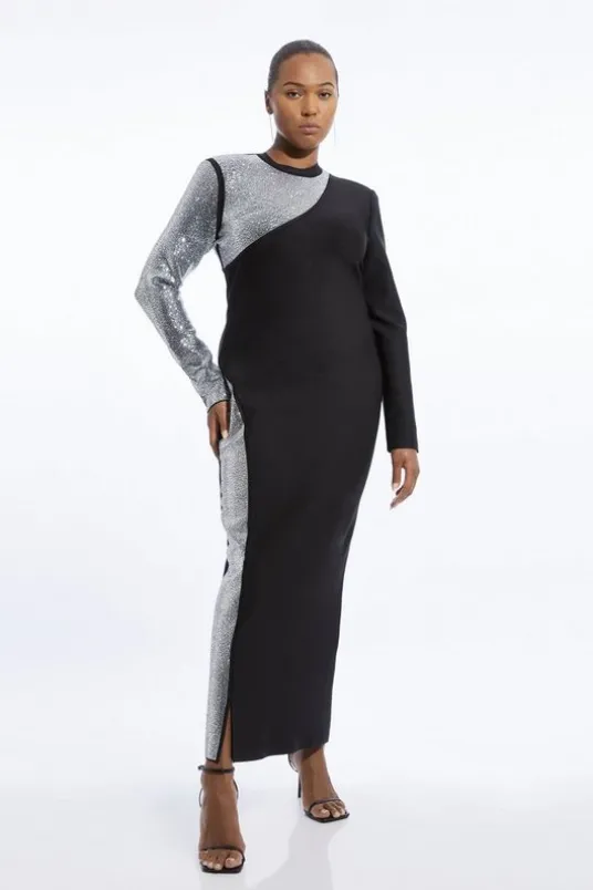 Plus Size Figure Form Bandage Asymmetric Embellished Maxi Dress