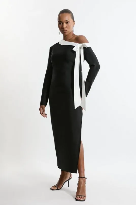 Plus Size Figure Form Bandage Knit Contrast Bow Detail Midaxi Dress
