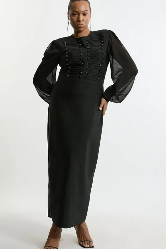 Plus Size Figure Form Bandage Knit Chiffon Sleeve Military Trim Midaxi Dress