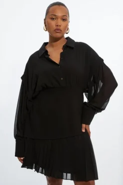 Plus Size Jersey And Georgette Mix Pleated Mini Shirt Dress