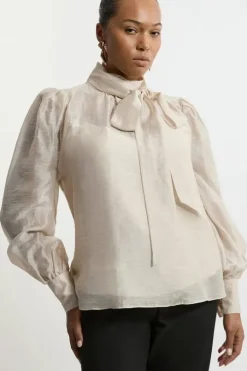 Plus Size Linen Blend Organdie Woven Pussybow Blouse