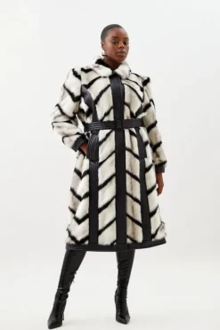 Plus Size Panelled Stripe Faux Fur Pu Belted Long Coat