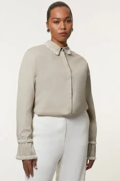 Plus Size Pearl Trim Cotton Woven Shirt