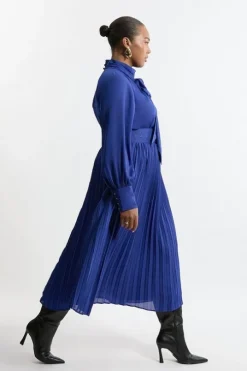 Plus Size Pleated Woven Belted Tie Neck Maxi Shirt Dress