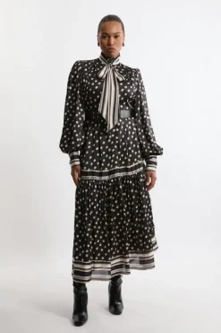 Plus Size Polka Dot Woven Balloon Sleeve Belted Maxi Dress