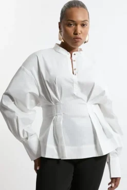 Plus Size Poplin Balloon Sleeve Pintuck Woven Shirt