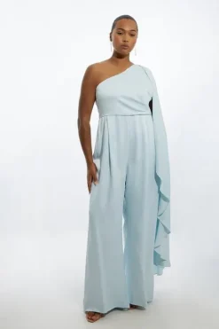 Plus Size Satin Back Crepe Drape One Shoulder Wide Leg Jumpsuit