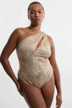 Plus Size Sequin Cut Out Swimsuit