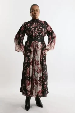 Plus Size Silk Cotton Border Print Floral Woven Maxi Dress