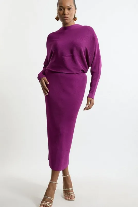 Plus Size Slinky Drape Knit Bat Wing Pencil Midi Dress