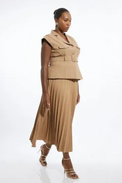 Plus Size Soft Tailored Crepe Belted Pleated Midi Dress