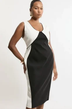 Plus Size Soft Tailored Color Block Tailored Sleeveless Midi Dress