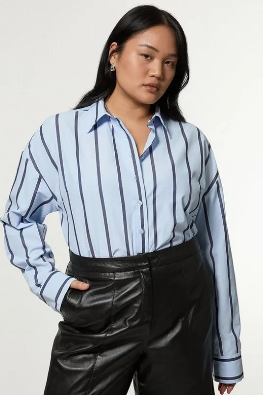 Plus Size Stripe Cotton Oversize Tailored Essential Shirt