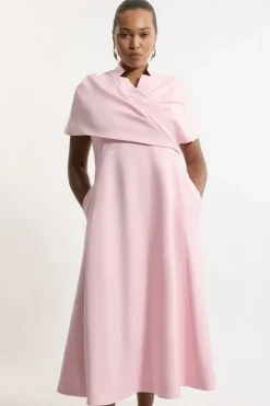 Plus Size Structured Crepe Cape Detail Full Skirted Tailored Midi Dress