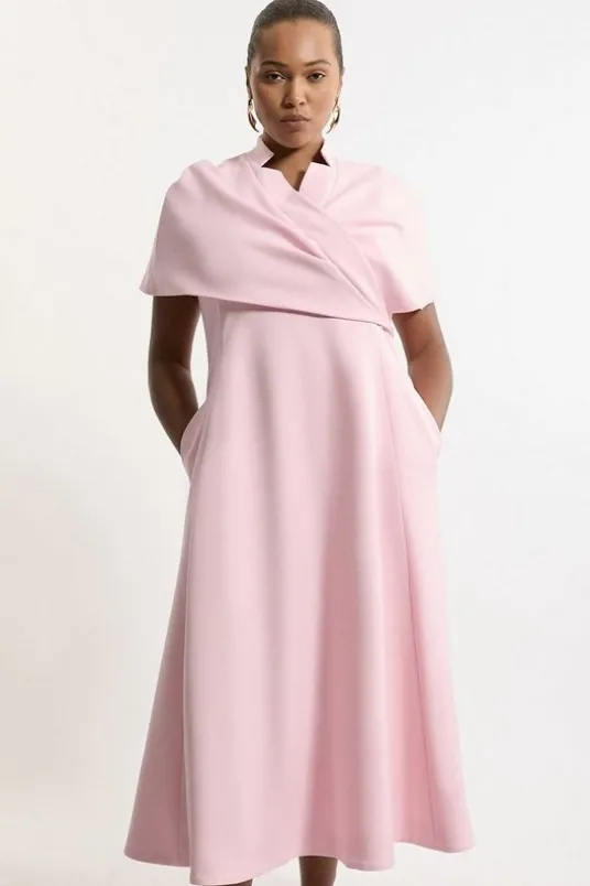 Plus Size Structured Crepe Cape Detail Full Skirted Tailored Midi Dress