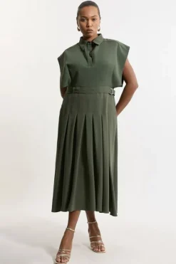 Plus Size Structured Crepe Pleated Sleeveless Shirt Midi Dress