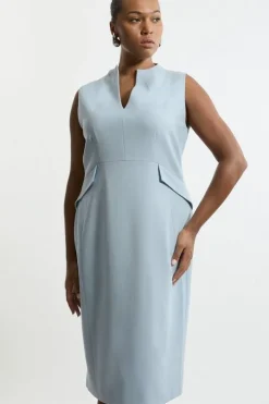 Plus Size Structured Crepe High Neck Tailored Midi Pencil Dress