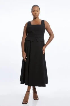 Plus Size Tailored Full Skirted Panel Belted Midi Dress