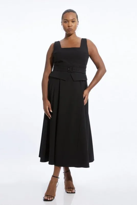 Plus Size Tailored Full Skirted Panel Belted Midi Dress
