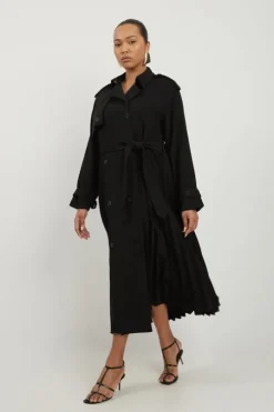Plus Size Tailored Pleat Detail Belted Trench Coat